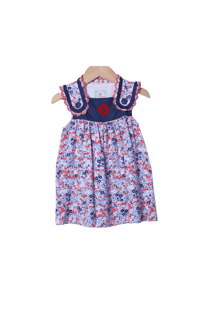 The Smocked Flamingo Apparel & Accessories Red, White and Blue Floral Lace Dress