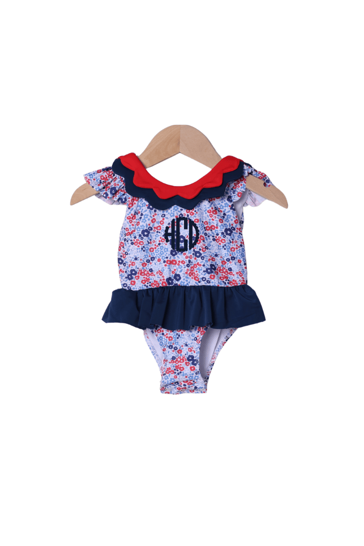 The Smocked Flamingo Apparel & Accessories Red, White and Blue Floral Scalloped Swimsuit