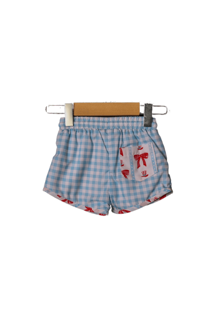 The Smocked Flamingo Apparel & Accessories Red, White and Blue Gingham Swim Trunks