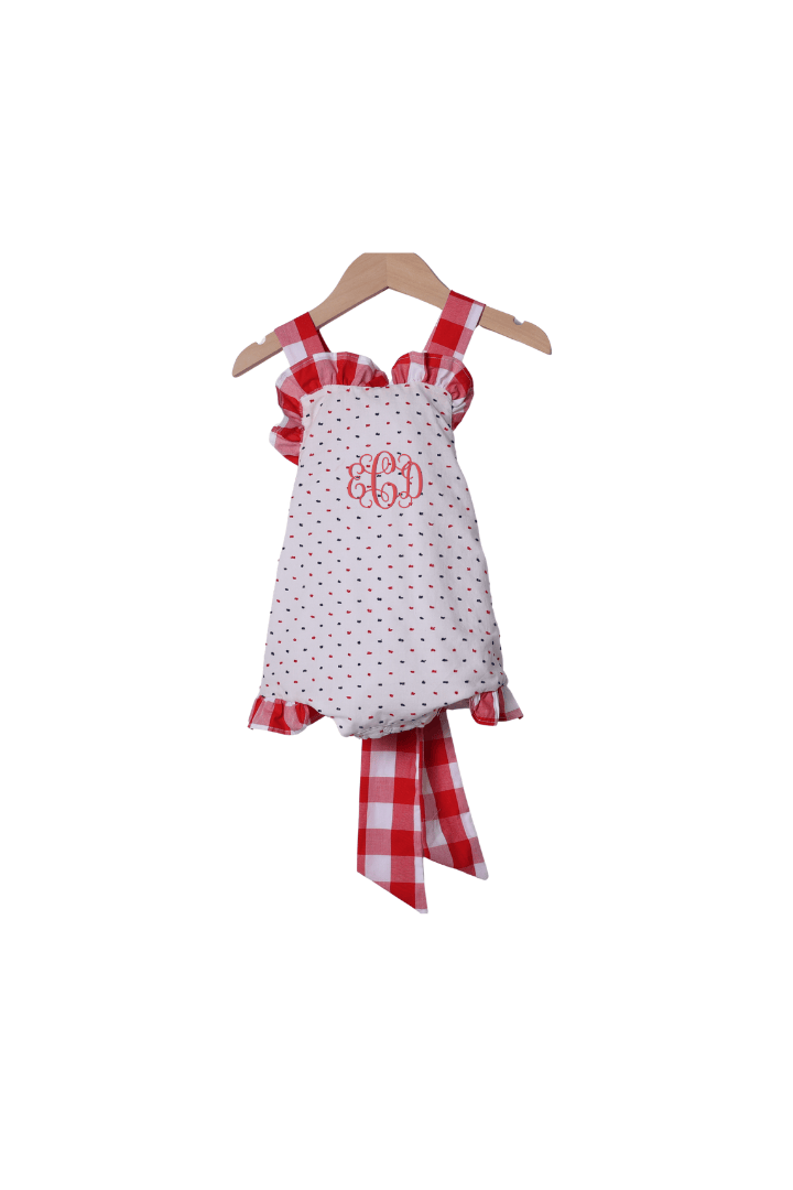 The Smocked Flamingo Apparel & Accessories Red, White and Blue Swiss Dot Sun Suit