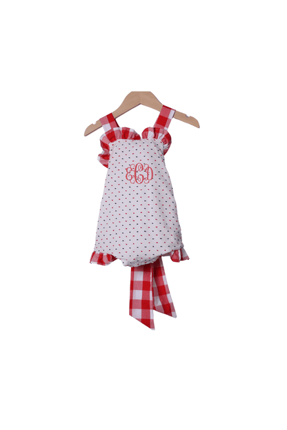 The Smocked Flamingo Apparel & Accessories Red, White and Blue Swiss Dot Sun Suit