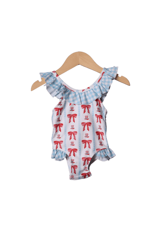 The Smocked Flamingo Apparel & Accessories Red White and Bow Swimsuit