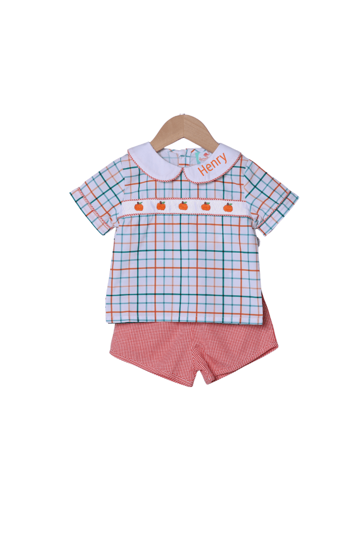 The Smocked Flamingo Apparel & Accessories Ribbon Pumpkin Plaid Short Set