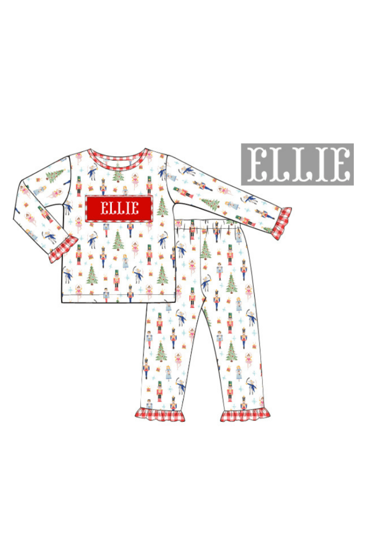The Smocked Flamingo Apparel & Accessories Ruffle Pajamas Pre-Order Smocked Custom Name Classic Nutcracker Christmas Trimmings (Copy)