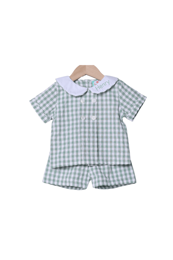 The Smocked Flamingo Apparel & Accessories Sage Green Gingham Seersucker Short Set