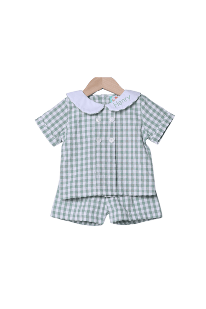 The Smocked Flamingo Apparel & Accessories Sage Green Gingham Seersucker Short Set