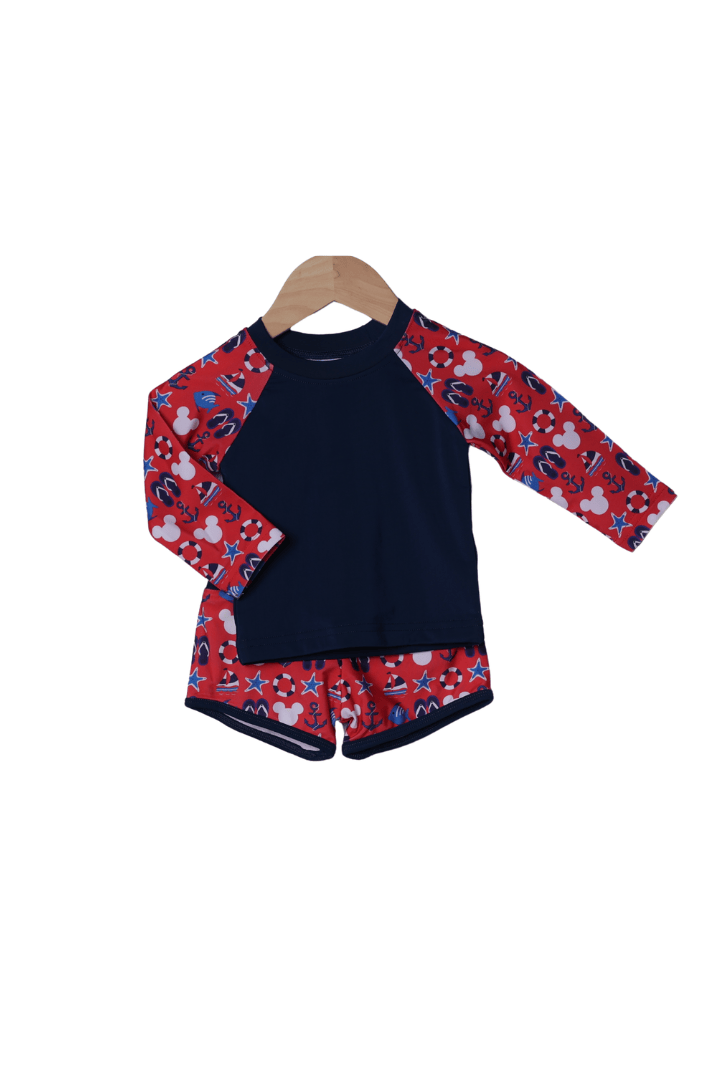 The Smocked Flamingo Apparel & Accessories Sail Away Mouse Rashguard and Swim Trunks 2Pc Set