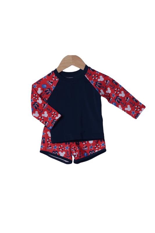The Smocked Flamingo Apparel & Accessories Sail Away Mouse Rashguard and Swim Trunks 2Pc Set