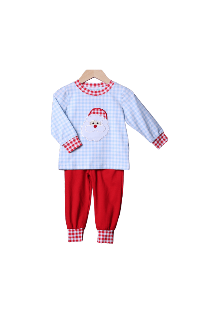 The Smocked Flamingo Apparel & Accessories Santa Applique Blue Gingham Jogger Set