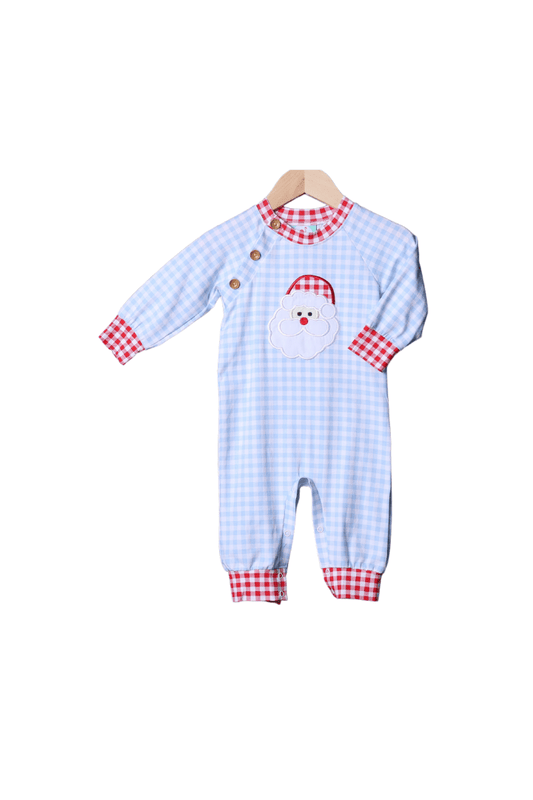 The Smocked Flamingo Apparel & Accessories Santa Applique Blue Gingham Romper