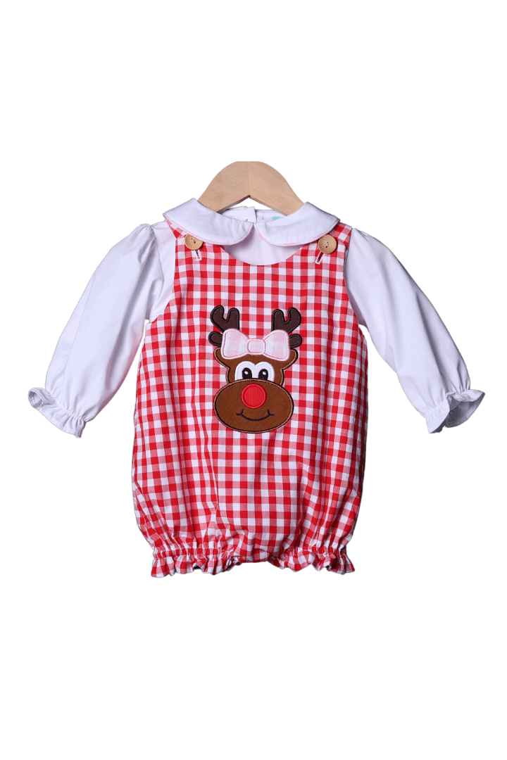 The Smocked Flamingo Apparel & Accessories Santa/Reindeer Reversible Applique Gingham Bubble