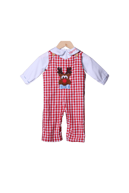 The Smocked Flamingo Apparel & Accessories Santa/Reindeer Reversible Applique Gingham Longall