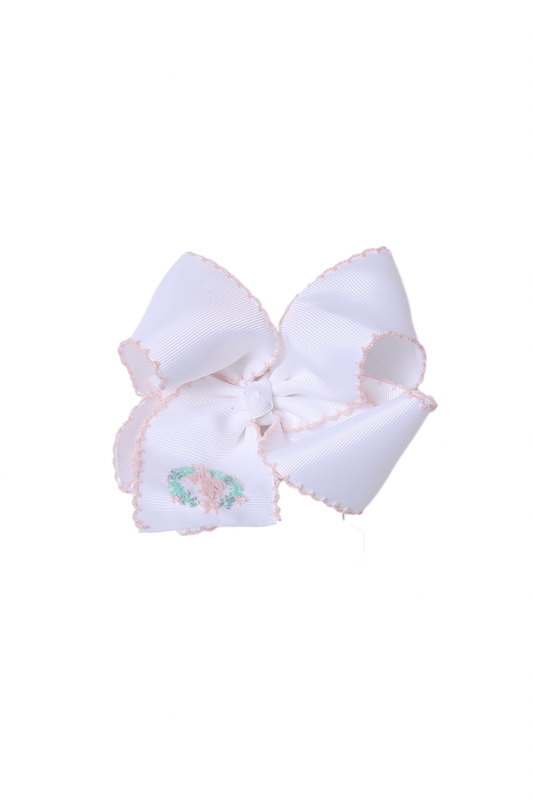 The Smocked Flamingo Apparel & Accessories Scalloped Edge Grosgrain Bow with Crochet Cross Pink/White