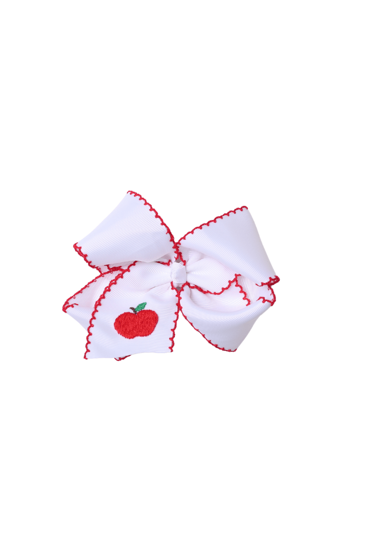 The Smocked Flamingo Apparel & Accessories Scalloped Edge Grosgrain Bow with Embroidered Apple White/Red
