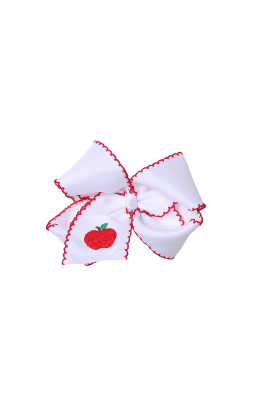 The Smocked Flamingo Apparel & Accessories Scalloped Edge Grosgrain Bow with Embroidered Apple White/Red