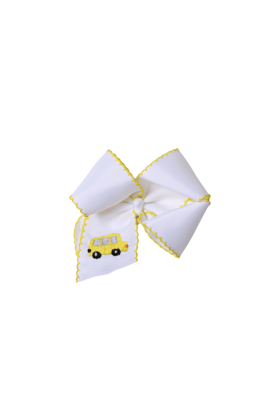 The Smocked Flamingo Apparel & Accessories Scalloped Edge Grosgrain Bow with Embroidered Bus White/Yellow