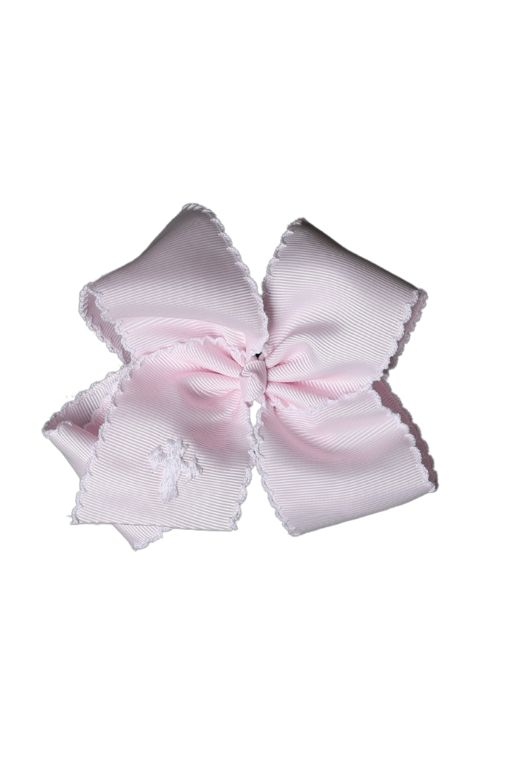 The Smocked Flamingo Apparel & Accessories Scalloped Edge Grosgrain Bow with Embroidered Cross Pink/White