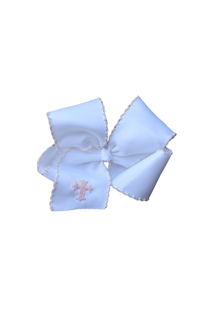 The Smocked Flamingo Apparel & Accessories Scalloped Edge Grosgrain Bow with Embroidered Cross White/Pink