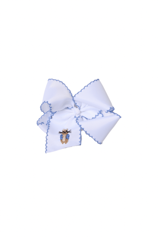 The Smocked Flamingo Apparel & Accessories Scalloped Edge Grosgrain Bow with Embroidered Peter Rabbit White/Blue