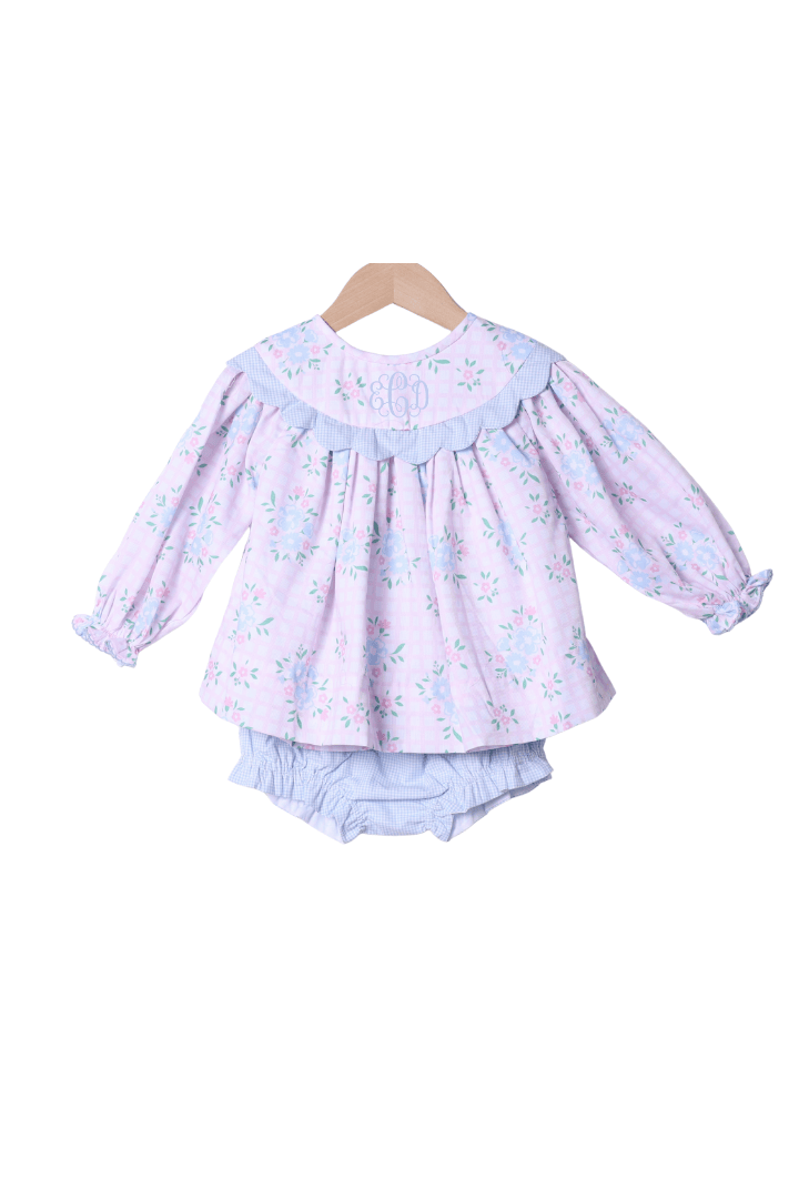 The Smocked Flamingo Apparel & Accessories Scalloped Pink Floral and Blue Gingham Pique Bloomer Set