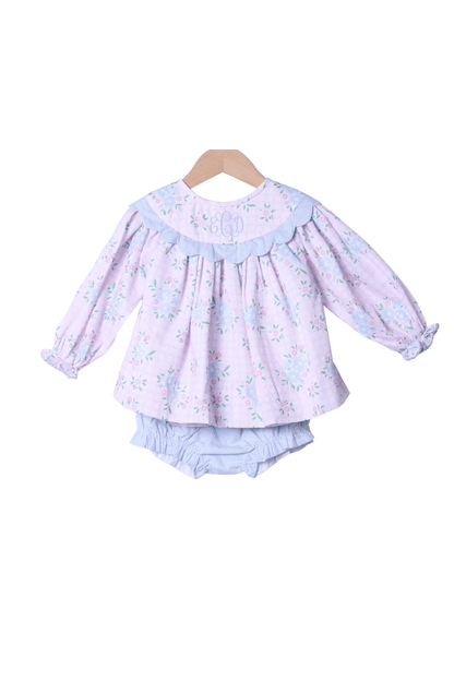 The Smocked Flamingo Apparel & Accessories Scalloped Pink Floral and Blue Gingham Pique Bloomer Set