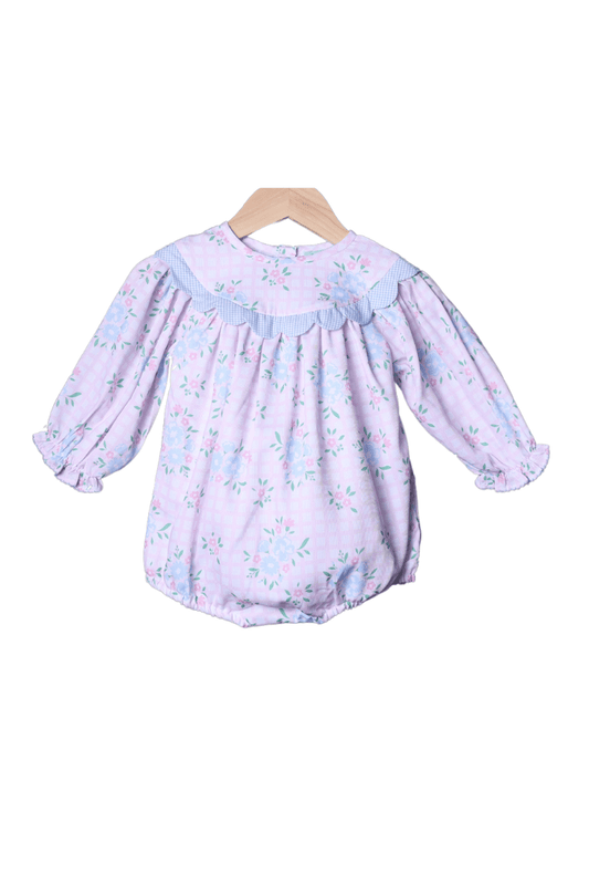 The Smocked Flamingo Apparel & Accessories Scalloped Pink Floral and Blue Gingham Pique Bubble