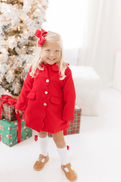 The Smocked Flamingo Apparel & Accessories Scalloped Red Wool Dress Coat