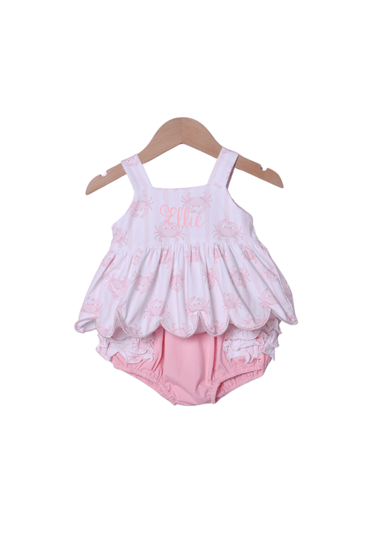 The Smocked Flamingo Apparel & Accessories Seaside Crab Pink Ruffle Bloomer Set