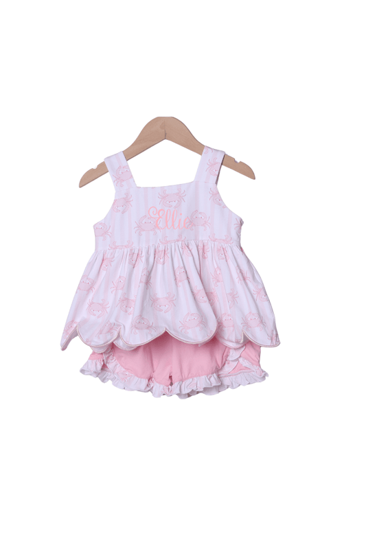 The Smocked Flamingo Apparel & Accessories Seaside Crab Pink Ruffle Short Set