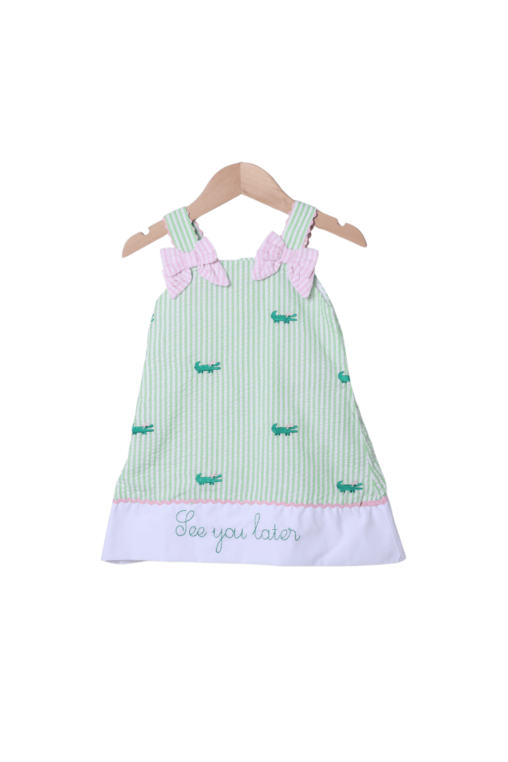 The Smocked Flamingo Apparel & Accessories See You Later, Alligator Seersucker Bow Dress