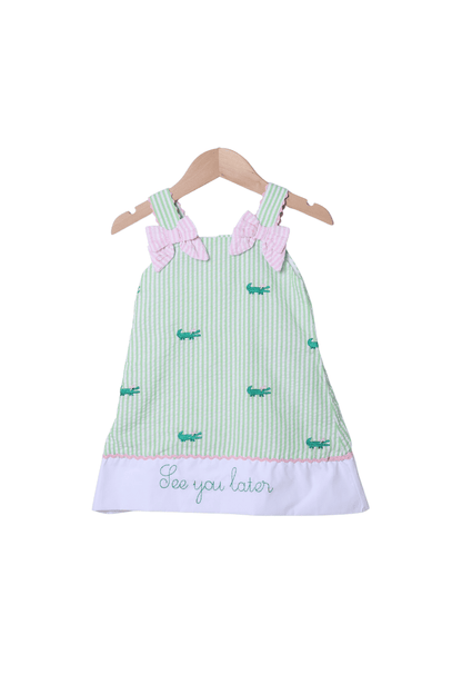 The Smocked Flamingo Apparel & Accessories See You Later, Alligator Seersucker Bow Dress