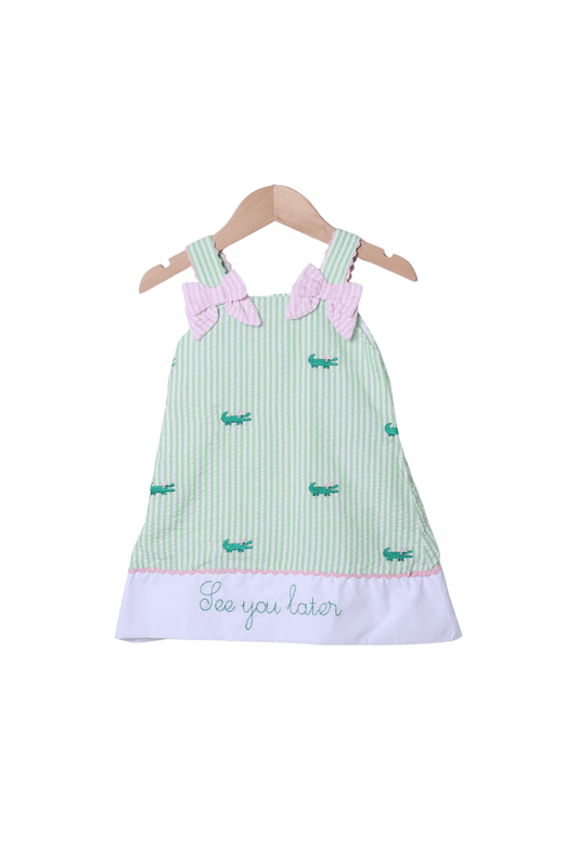 The Smocked Flamingo Apparel & Accessories See You Later, Alligator Seersucker Bow Dress