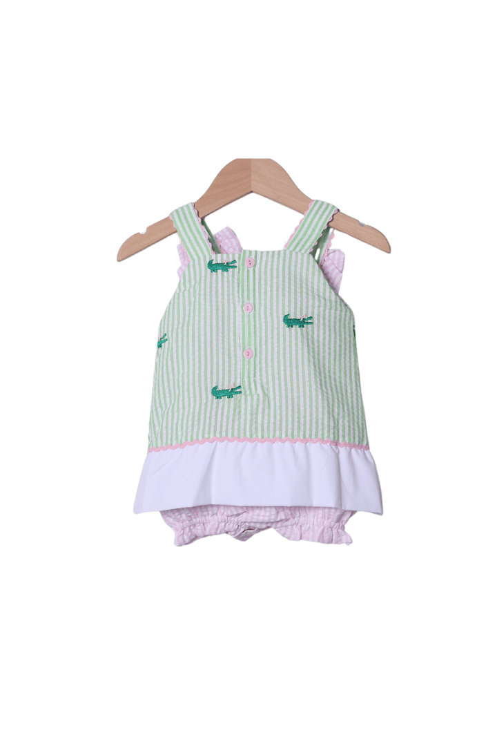 The Smocked Flamingo Apparel & Accessories See You Later, Alligator Seersucker Bow Skirted Bubble