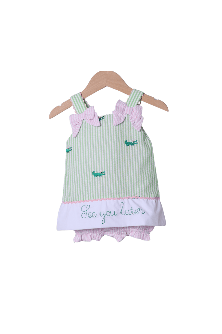 The Smocked Flamingo Apparel & Accessories See You Later, Alligator Seersucker Bow Skirted Bubble