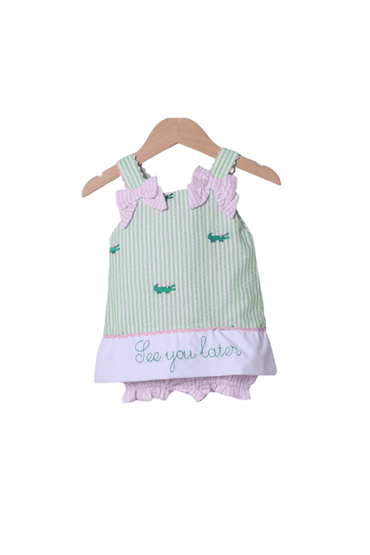 The Smocked Flamingo Apparel & Accessories See You Later, Alligator Seersucker Bow Skirted Bubble