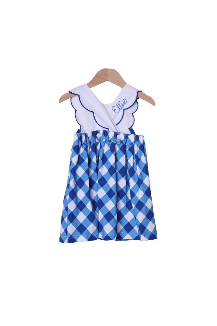 The Smocked Flamingo Apparel & Accessories Shadow Embroidered Blue and White Cheer Dress