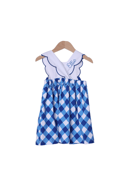 The Smocked Flamingo Apparel & Accessories Shadow Embroidered Blue and White Cheer Dress