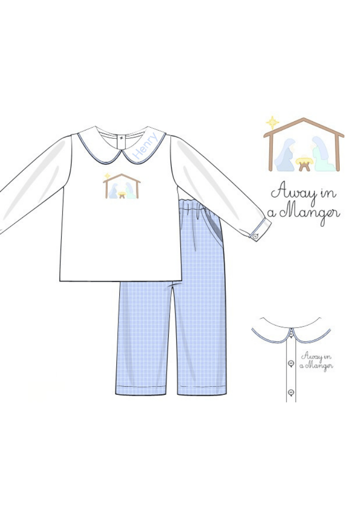 The Smocked Flamingo Apparel & Accessories Shadow Embroidery Away in a Manger Blue Windowpane Pant Set