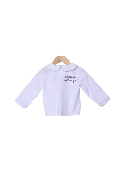 The Smocked Flamingo Apparel & Accessories Shadow Embroidery Away in a Manger Blue Windowpane Pant Set