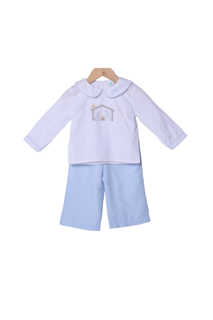 The Smocked Flamingo Apparel & Accessories Shadow Embroidery Away in a Manger Blue Windowpane Pant Set