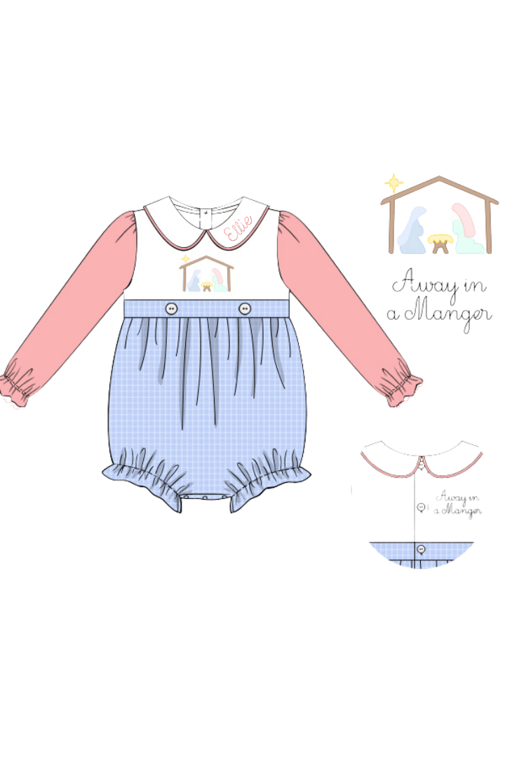 The Smocked Flamingo Apparel & Accessories Shadow Embroidery Away in a Manger Blue Windowpane/Pink Velvet Bubble