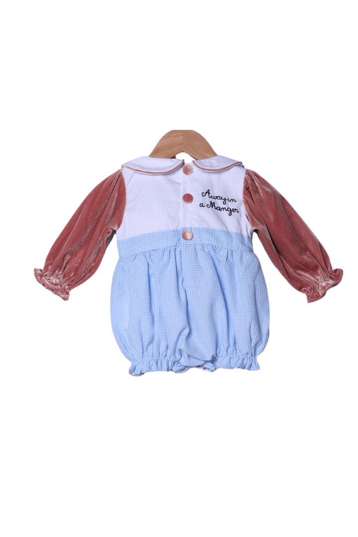 The Smocked Flamingo Apparel & Accessories Shadow Embroidery Away in a Manger Blue Windowpane/Pink Velvet Bubble