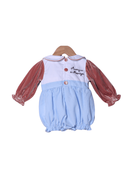 The Smocked Flamingo Apparel & Accessories Shadow Embroidery Away in a Manger Blue Windowpane/Pink Velvet Bubble