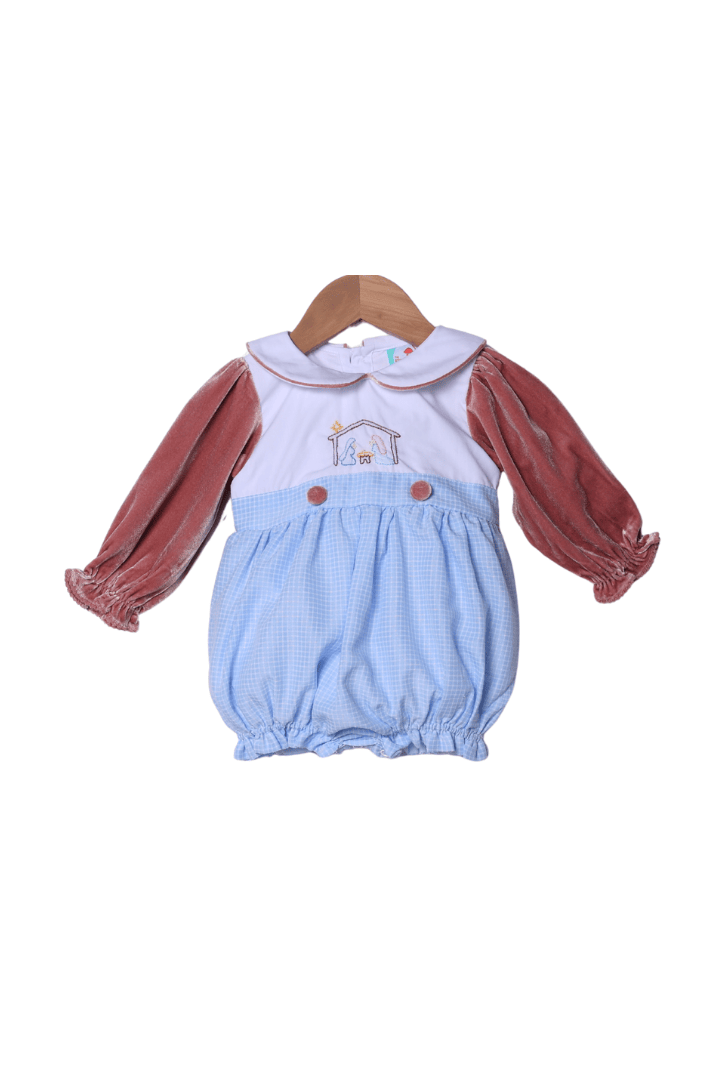 The Smocked Flamingo Apparel & Accessories Shadow Embroidery Away in a Manger Blue Windowpane/Pink Velvet Bubble