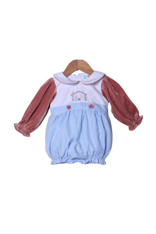 The Smocked Flamingo Apparel & Accessories Shadow Embroidery Away in a Manger Blue Windowpane/Pink Velvet Bubble