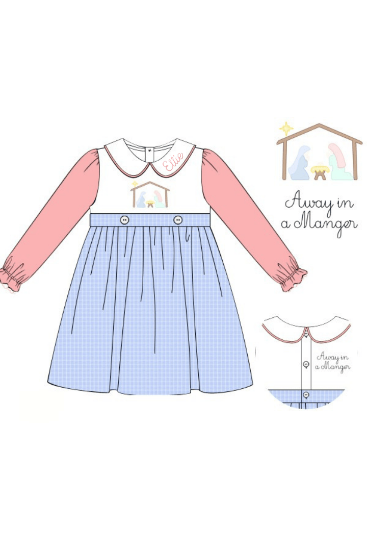 The Smocked Flamingo Apparel & Accessories Shadow Embroidery Away in a Manger Blue Windowpane/Pink Velvet Dress