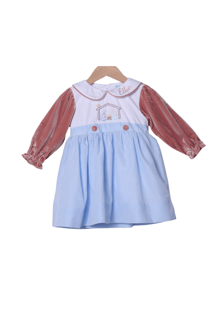 The Smocked Flamingo Apparel & Accessories Shadow Embroidery Away in a Manger Blue Windowpane/Pink Velvet Dress