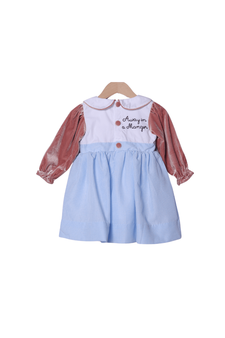 The Smocked Flamingo Apparel & Accessories Shadow Embroidery Away in a Manger Blue Windowpane/Pink Velvet Dress