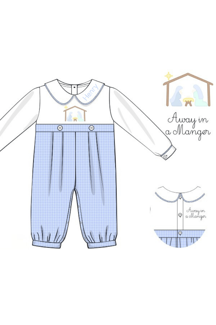 The Smocked Flamingo Apparel & Accessories Shadow Embroidery Away in a Manger Blue Windowpane Romper