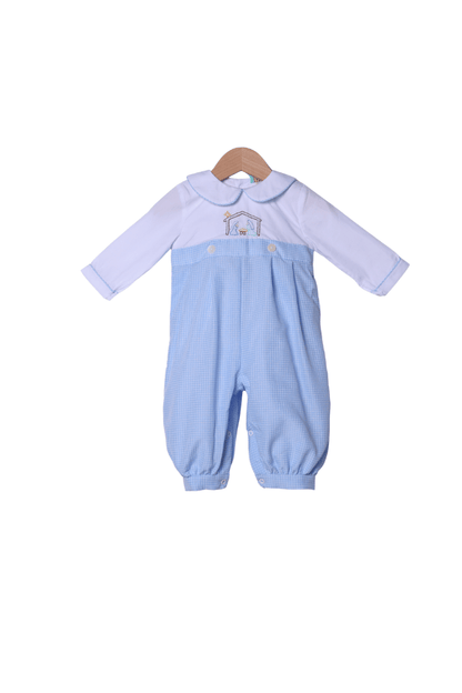 The Smocked Flamingo Apparel & Accessories Shadow Embroidery Away in a Manger Blue Windowpane Romper